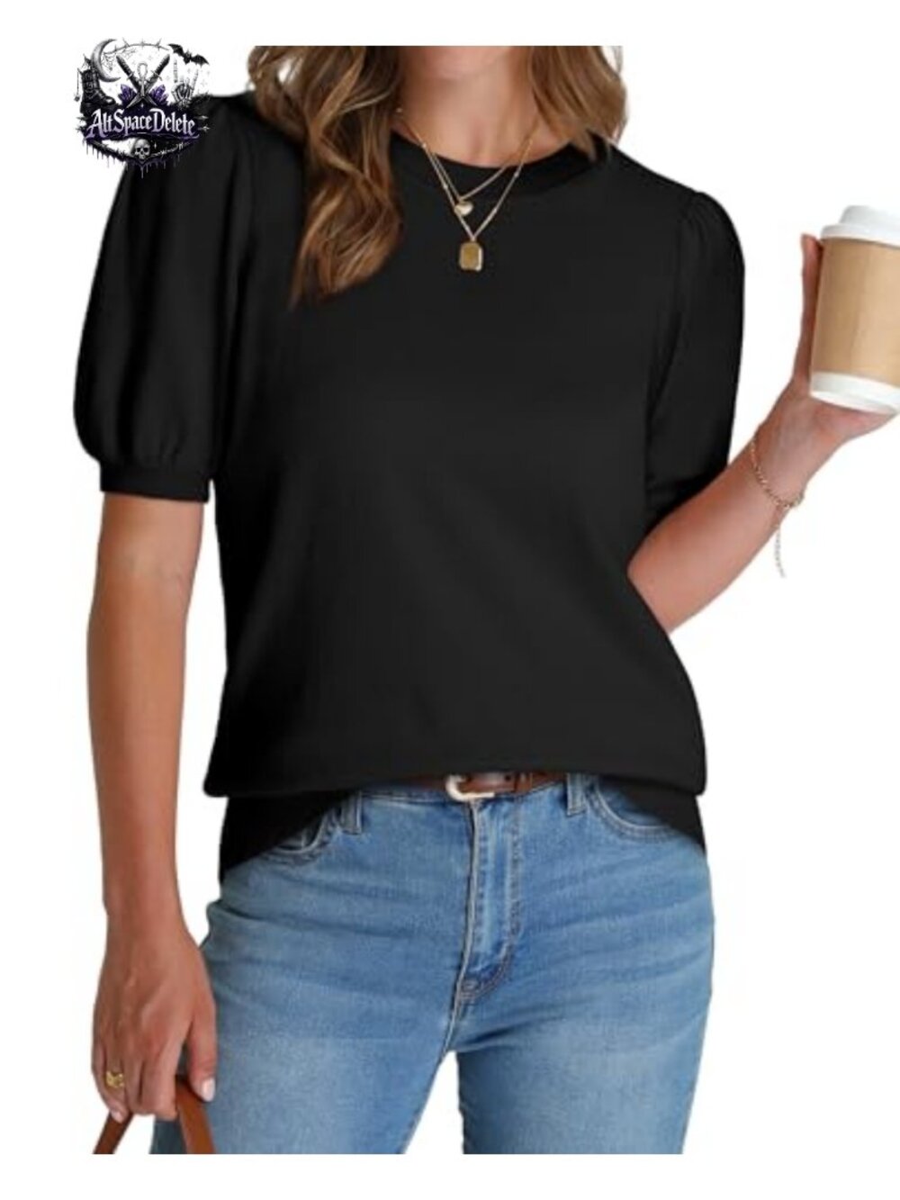 WIHOLL Puff Short Sleeve Sweater Crew Neck Pullover Business Casual Top